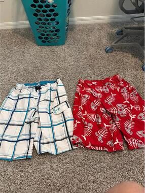 Boys Op Swim Trunks Lot of 2 XXL - White Blue Plaid & Red Patterned